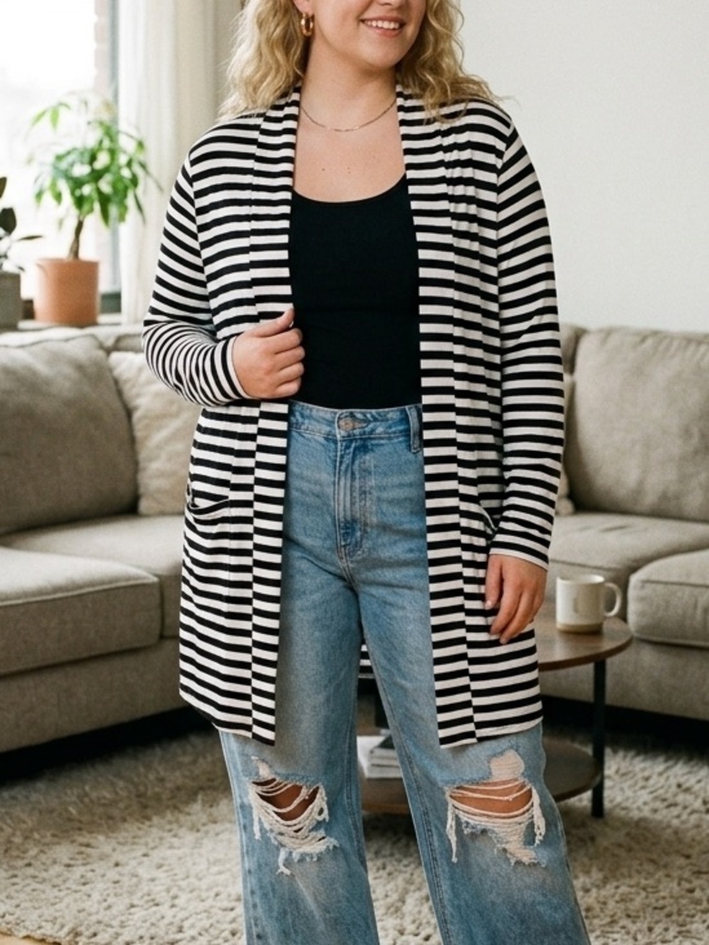 Torrid Super Soft Cardigan Black Ivory Striped Open Front 1X